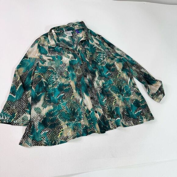 Catherines Top Shirt Womens 2X Petite Roll Tab Sleeve Green Floral Button Up - Picture 1 of 10
